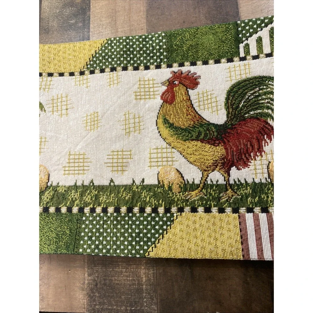Vtg 90s Rooster Tapestry Table Runner Patchwork Hearts‎ Country Farmhouse Woven